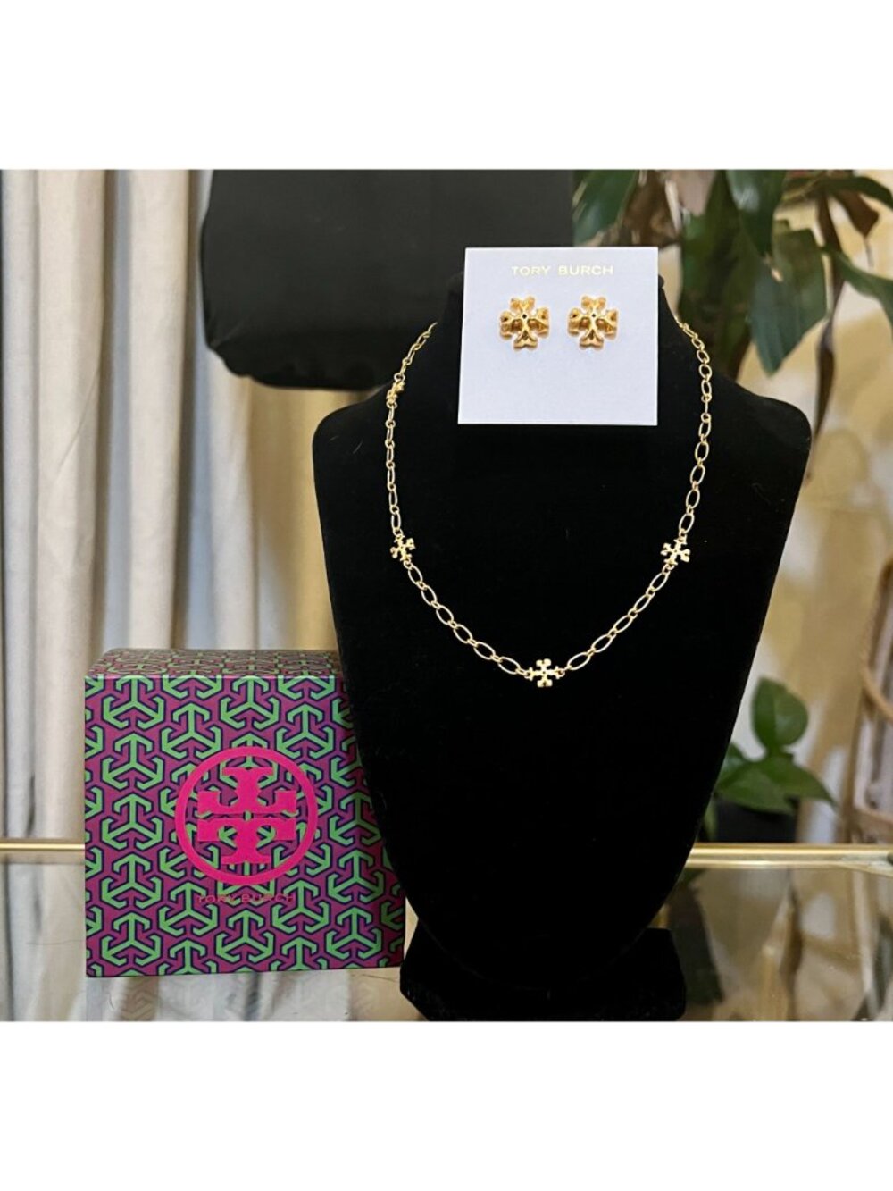 Tory Burch Gold Roxanne Delicate Necklace & Earrings Jewelry Set